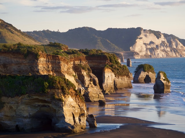 rock formation of the three sisters and elephant rock on taranaki coast