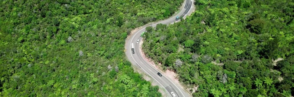 Aerial shot of a winding road through vibrant green forest in New Zealand